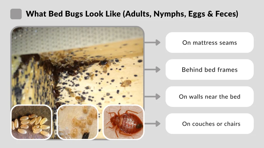 What Bed Bugs Look Like (Adults, Nymphs, Eggs & Feces)