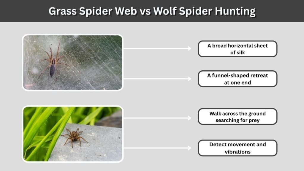 Grass Spider Web vs Wolf Spider Hunting